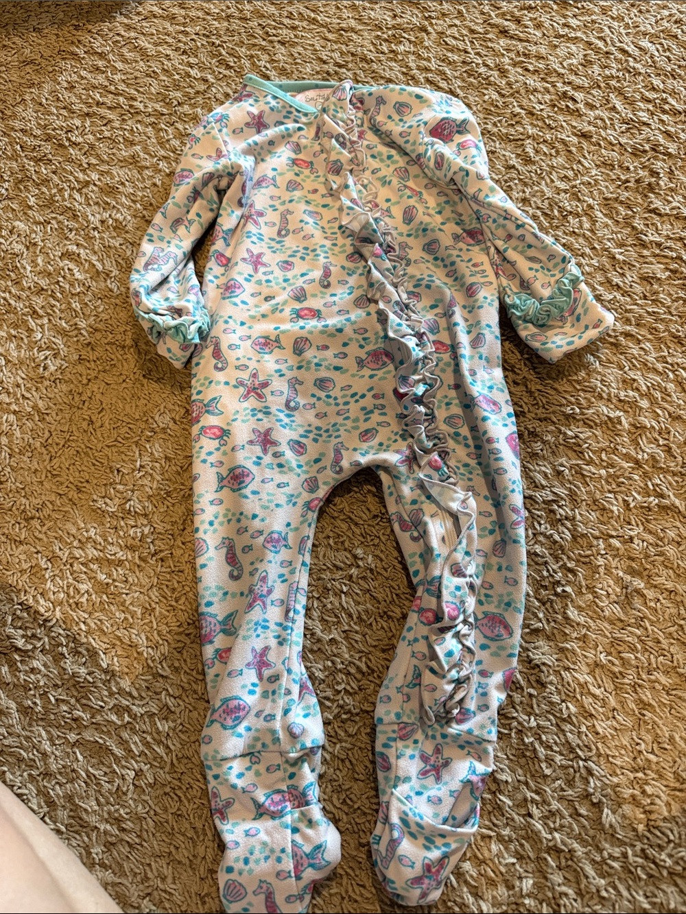 SweetHoney White Footed Pajamas with Teal & Pink Sea-Life Print zip up pajamas